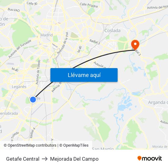 Getafe Central to Mejorada Del Campo map