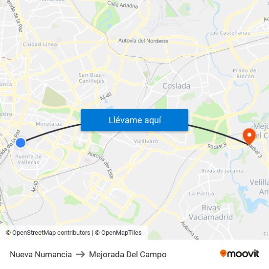 Nueva Numancia to Mejorada Del Campo map