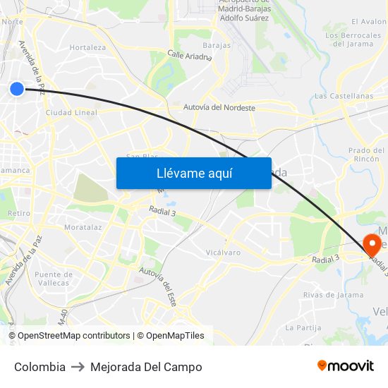 Colombia to Mejorada Del Campo map