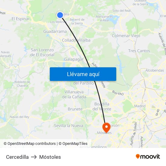 Cercedilla to Móstoles map