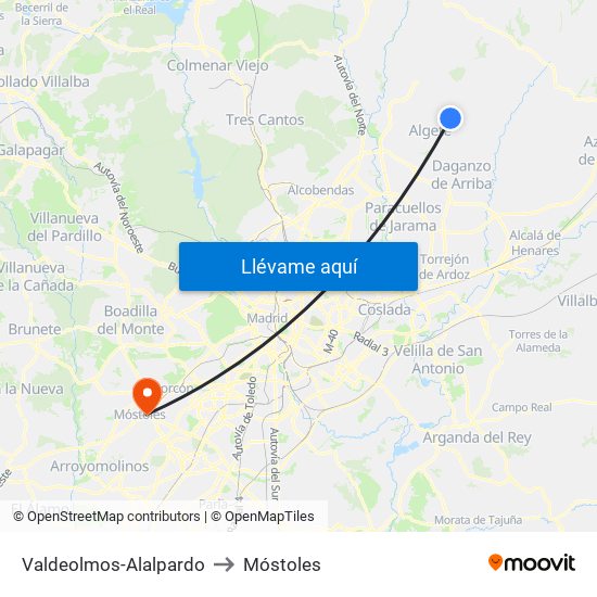 Valdeolmos-Alalpardo to Móstoles map