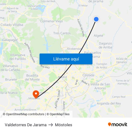 Valdetorres De Jarama to Móstoles map
