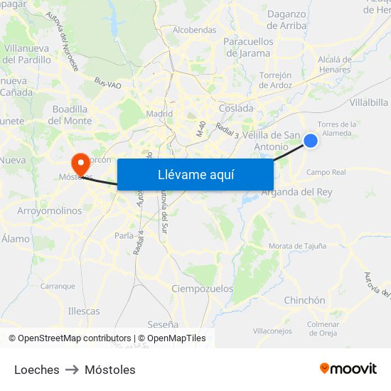 Loeches to Móstoles map