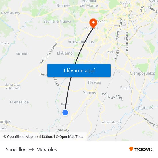 Yunclillos to Móstoles map