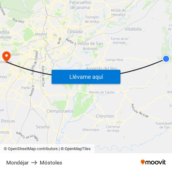 Mondéjar to Móstoles map