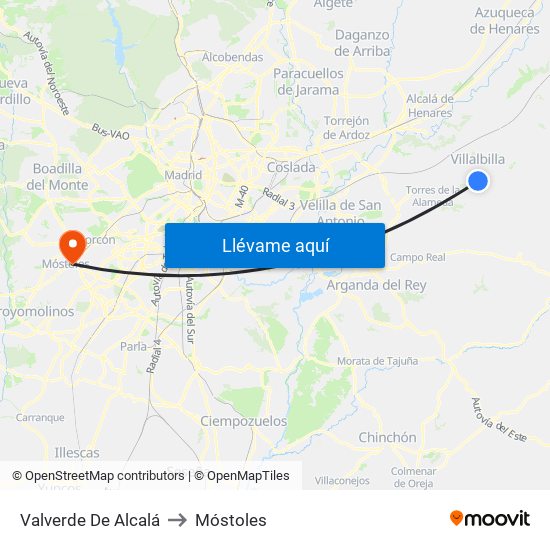 Valverde De Alcalá to Móstoles map