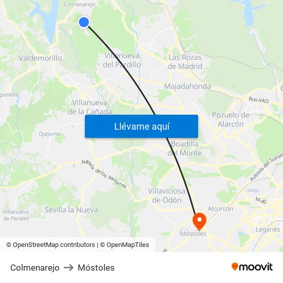 Colmenarejo to Móstoles map