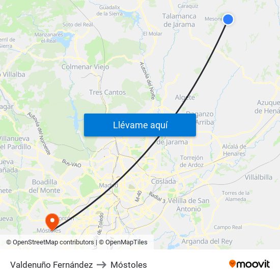 Valdenuño Fernández to Móstoles map