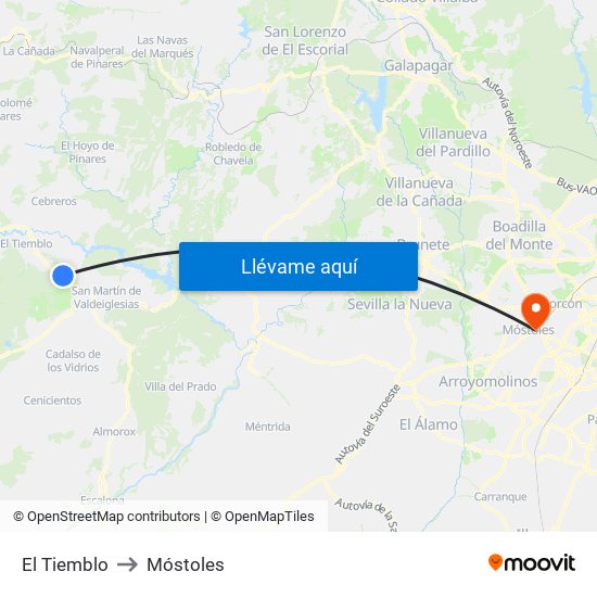 El Tiemblo to Móstoles map