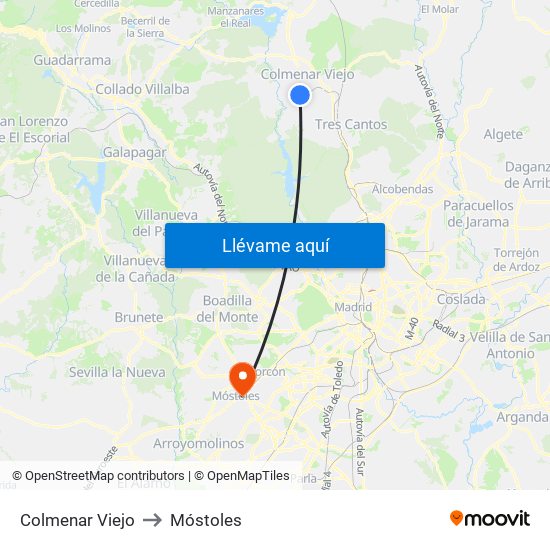 Colmenar Viejo to Móstoles map
