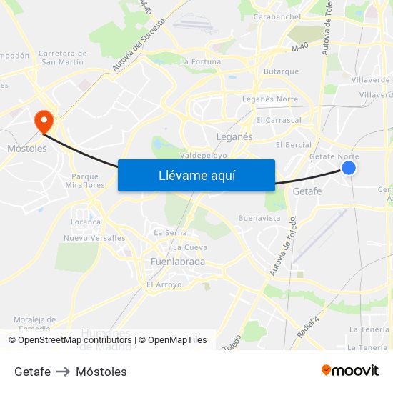 Getafe to Móstoles map