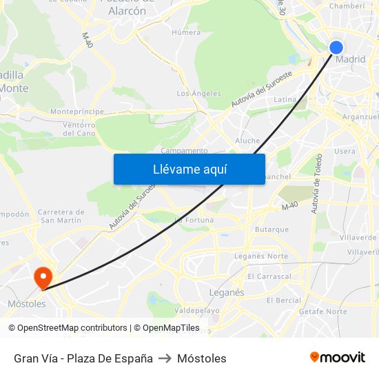 Gran Vía - Plaza De España to Móstoles map