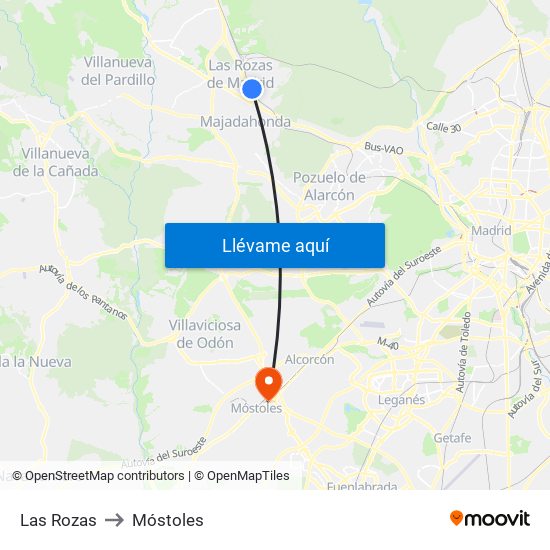 Las Rozas to Móstoles map