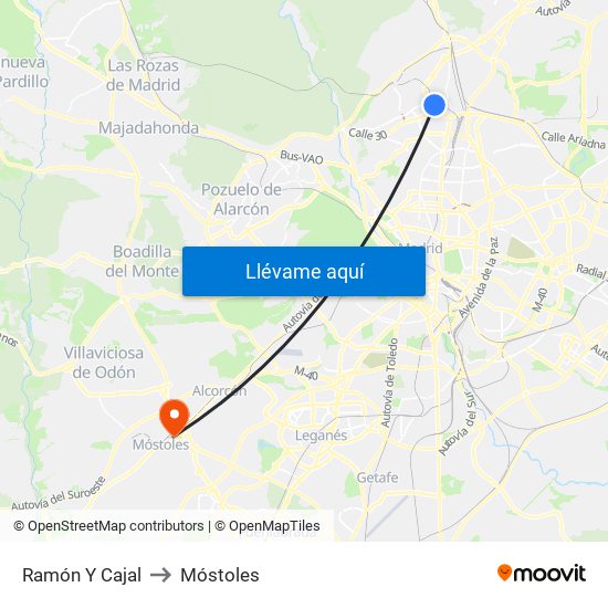 Ramón Y Cajal to Móstoles map