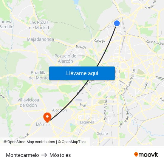 Montecarmelo to Móstoles map