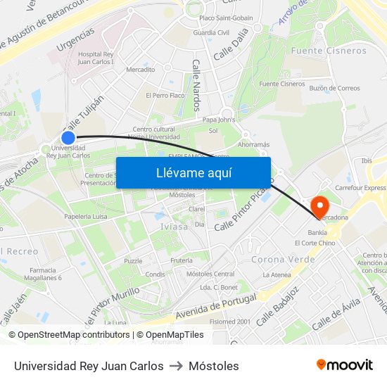 Universidad Rey Juan Carlos to Móstoles map