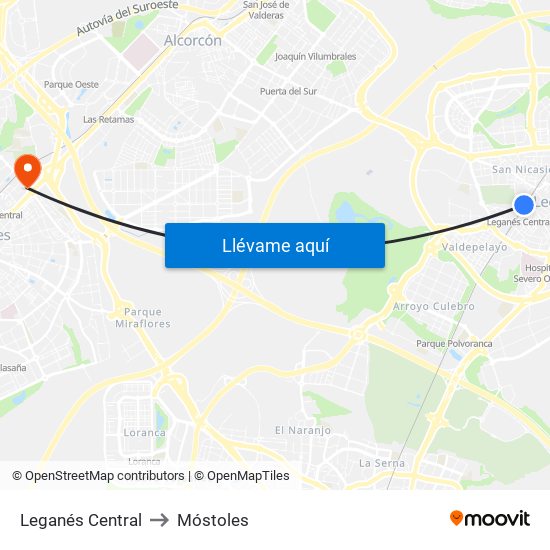 Leganés Central to Móstoles map