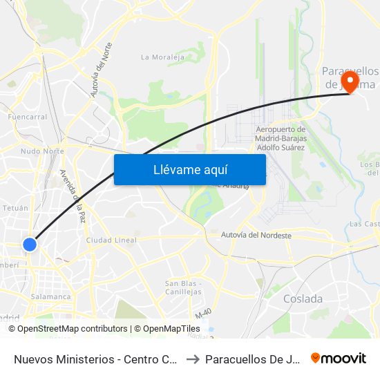 Nuevos Ministerios - Centro Comercial to Paracuellos De Jarama map