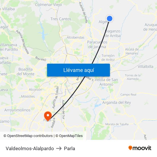 Valdeolmos-Alalpardo to Parla map