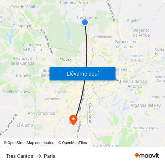 Tres Cantos to Parla map