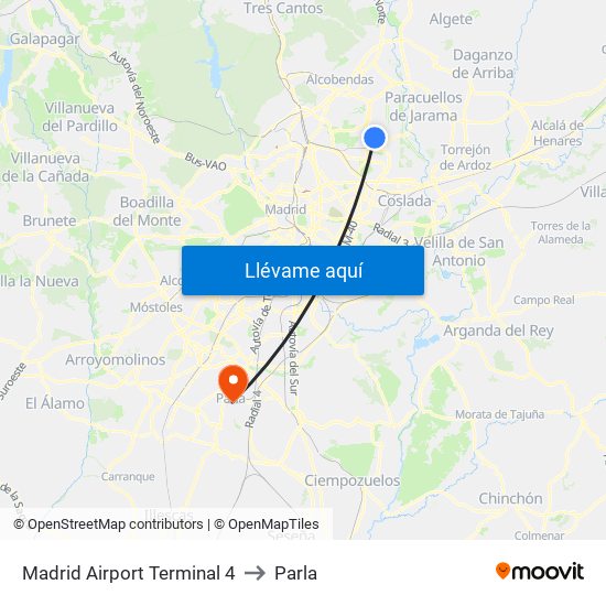 Madrid Airport Terminal 4 to Parla map
