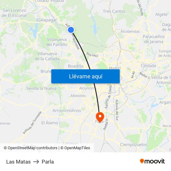 Las Matas to Parla map