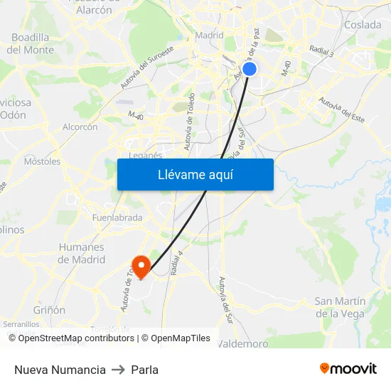 Nueva Numancia to Parla map