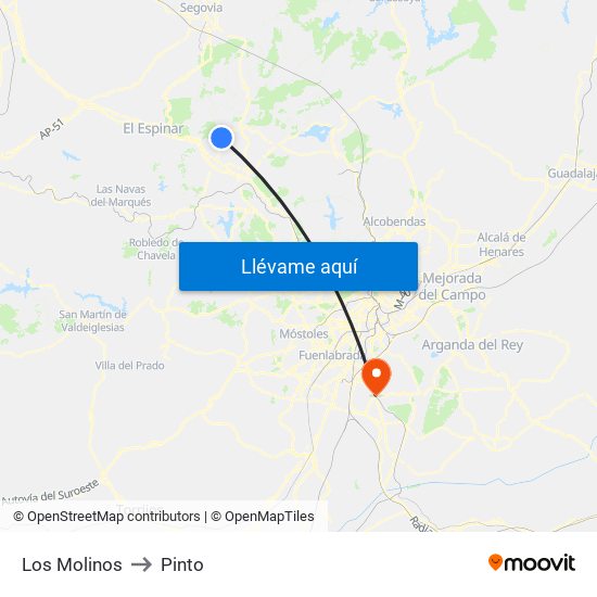 Los Molinos to Pinto map
