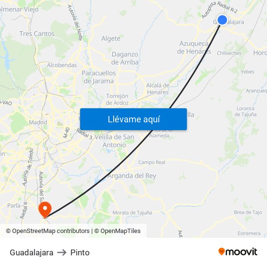 Guadalajara to Pinto map