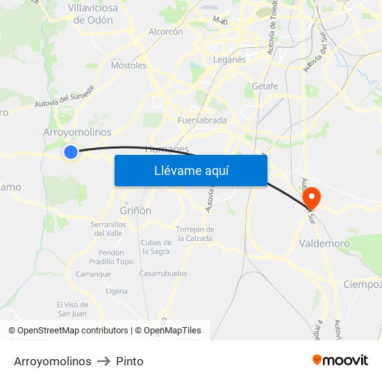 Arroyomolinos to Pinto map