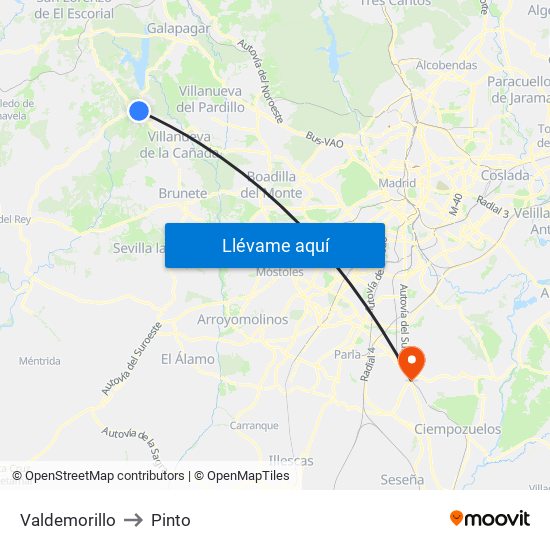 Valdemorillo to Pinto map