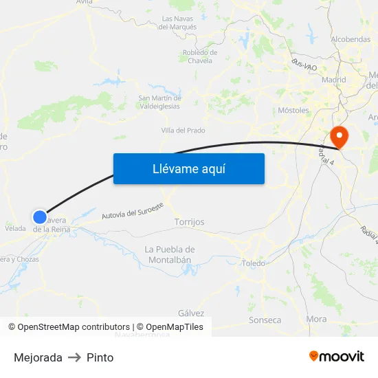 Mejorada to Pinto map