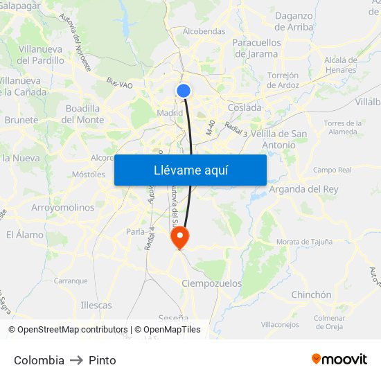 Colombia to Pinto map