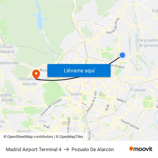 Madrid Airport Terminal 4 to Pozuelo De Alarcón map