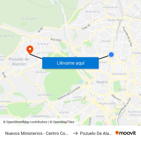 Nuevos Ministerios - Centro Comercial to Pozuelo De Alarcón map