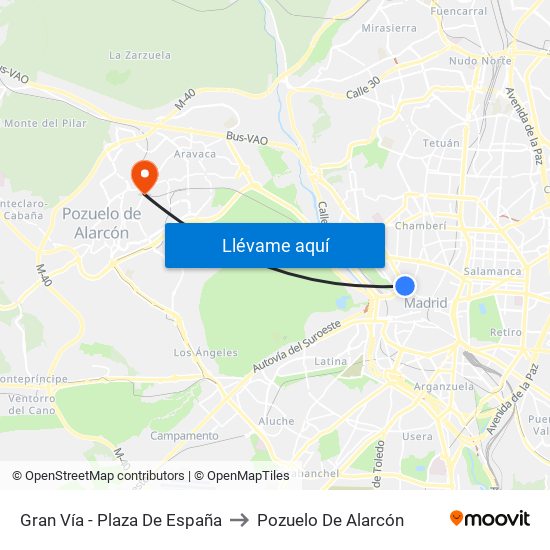 Gran Vía - Plaza De España to Pozuelo De Alarcón map