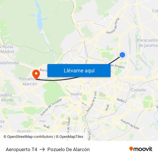 Aeropuerto T4 to Pozuelo De Alarcón map