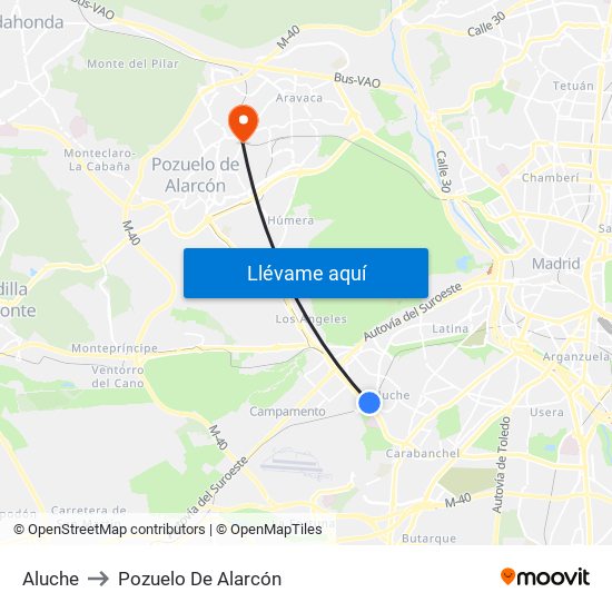 Aluche to Pozuelo De Alarcón map