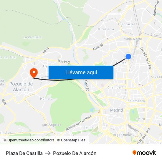 Plaza De Castilla to Pozuelo De Alarcón map