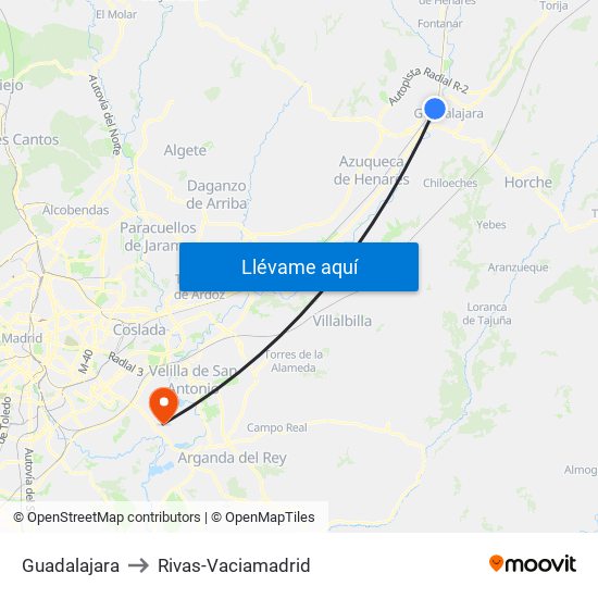Guadalajara to Rivas-Vaciamadrid map