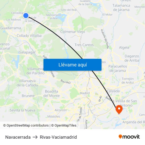 Navacerrada to Rivas-Vaciamadrid map