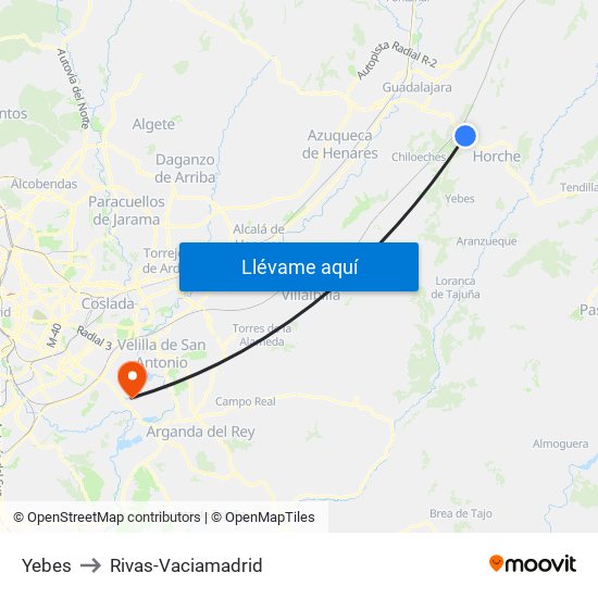 Yebes to Rivas-Vaciamadrid map
