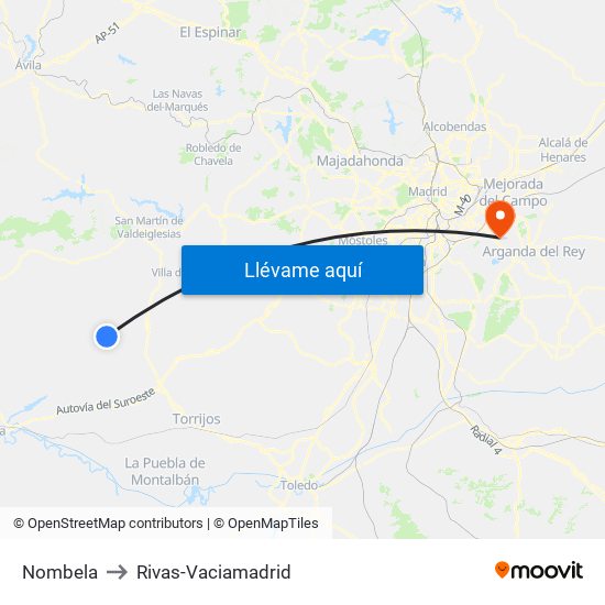Nombela to Rivas-Vaciamadrid map