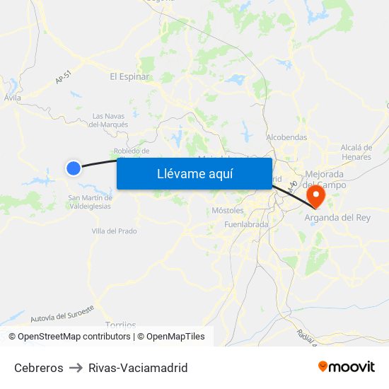 Cebreros to Rivas-Vaciamadrid map