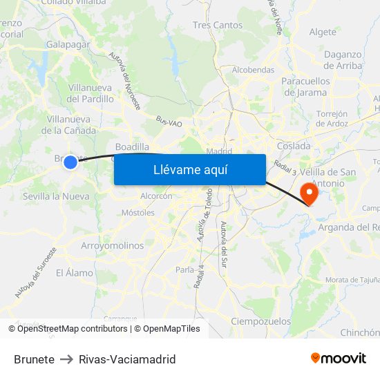 Brunete to Rivas-Vaciamadrid map