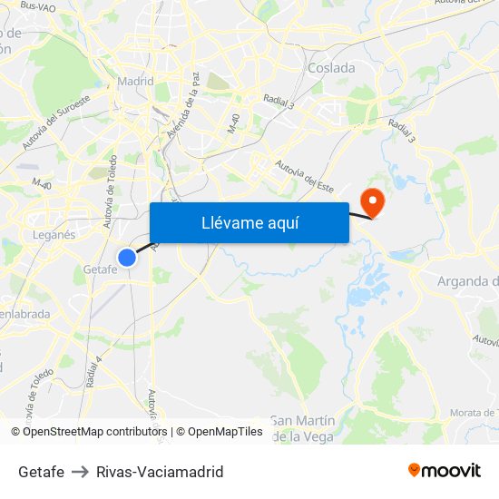 Getafe to Rivas-Vaciamadrid map