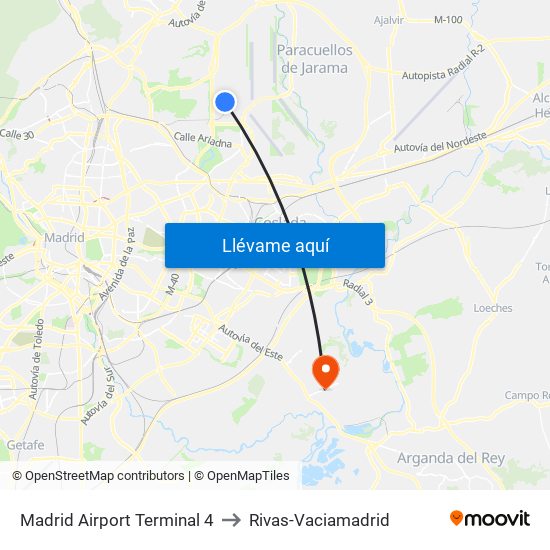 Madrid Airport Terminal 4 to Rivas-Vaciamadrid map