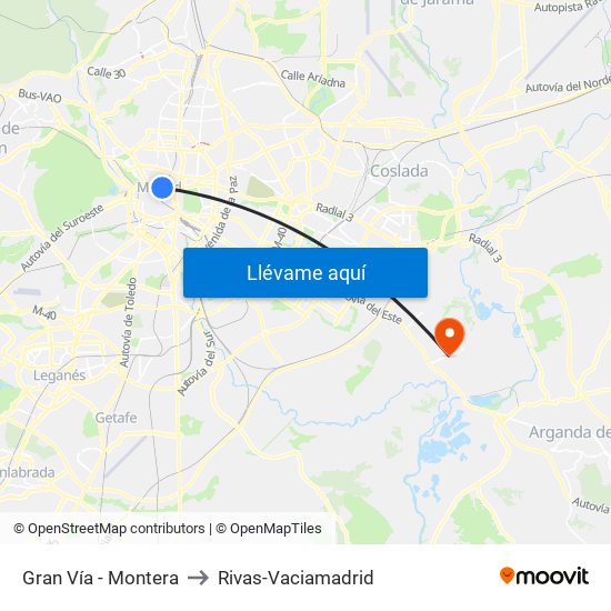 Gran Vía - Montera to Rivas-Vaciamadrid map