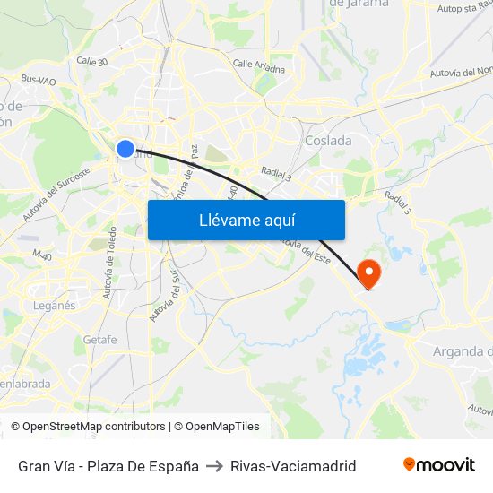 Gran Vía - Plaza De España to Rivas-Vaciamadrid map