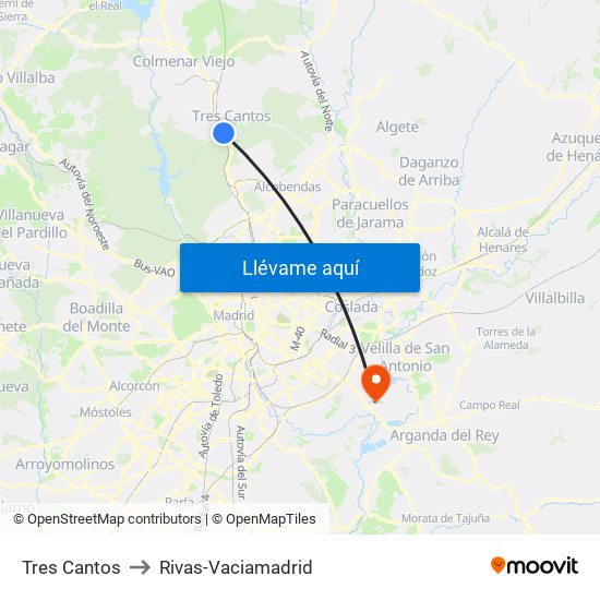 Tres Cantos to Rivas-Vaciamadrid map